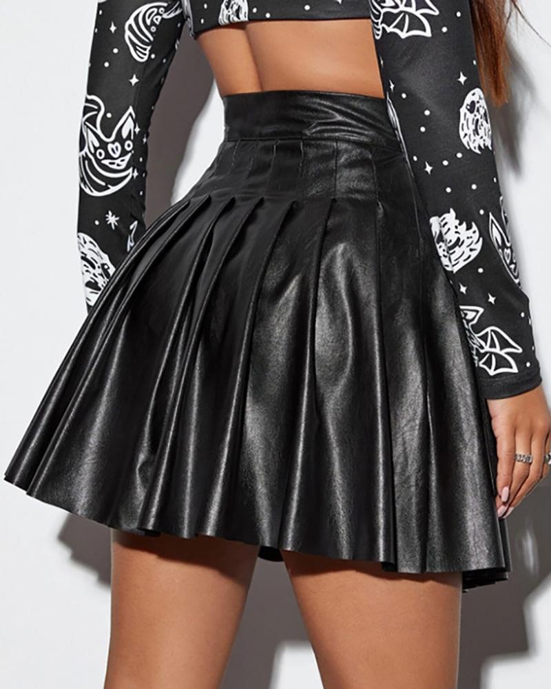 

PU Leather High Waist Pleated Skirt, Black
