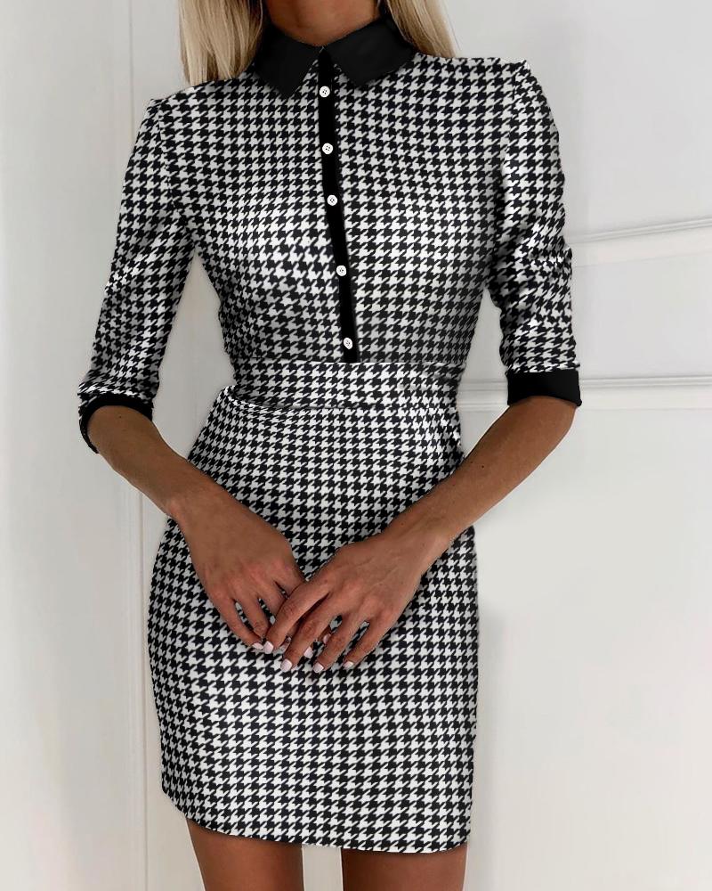 

Houndstooth Buttoned Half Sleeve Casual Dress, Black&white