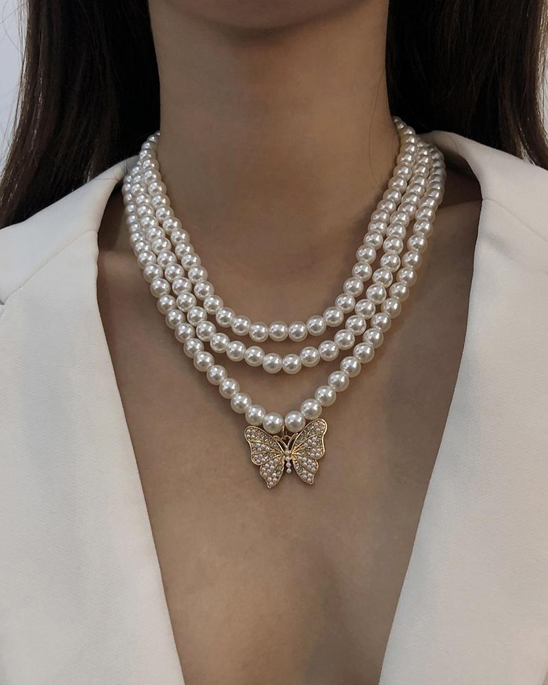 

Butterfly Pattern Pearl Beaded Layered Necklace, White