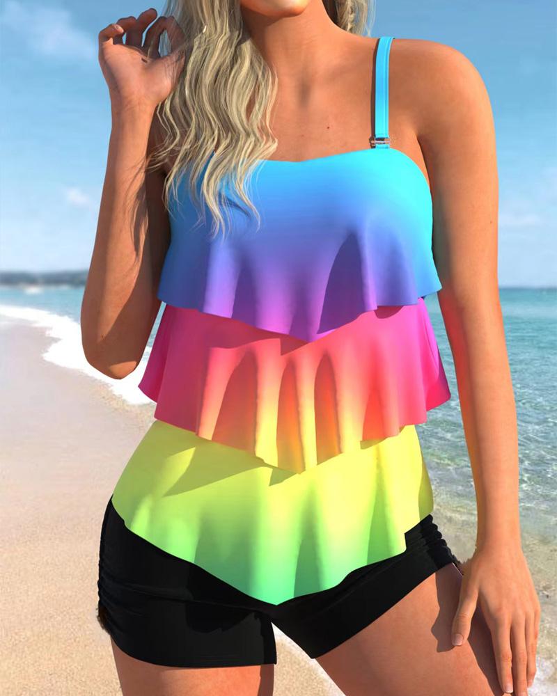 

Ombre Print Layered Ruffle Hem Tankini Set, Multicolor