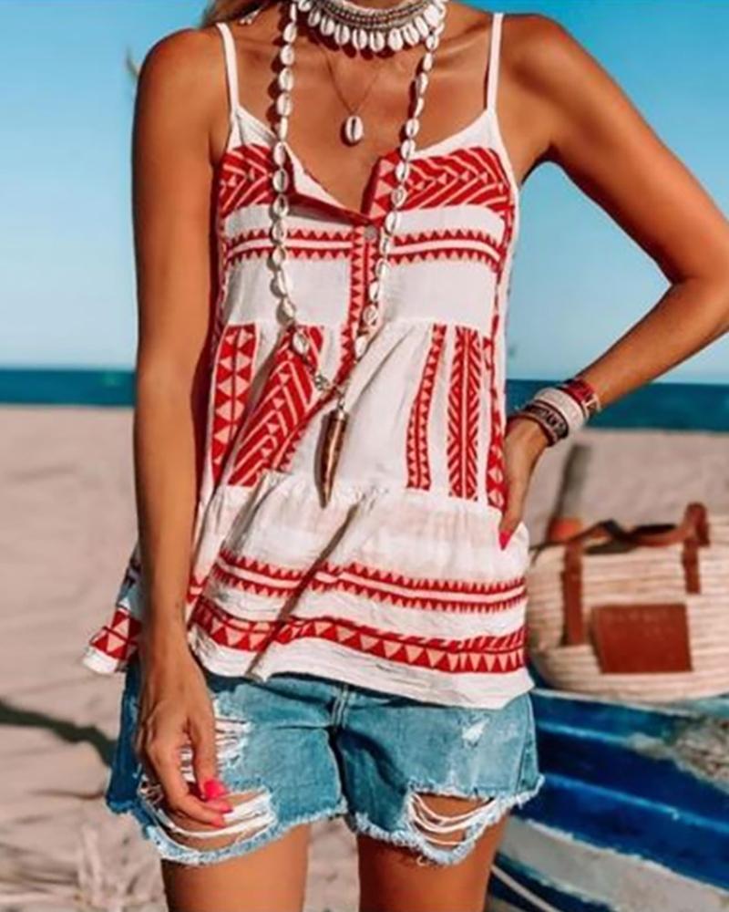 

Spaghetti Strap All Over Print Button Design Top, Red
