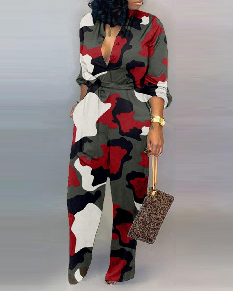 

V Neck Camouflage Print Buttoned Jumpsuit, Red