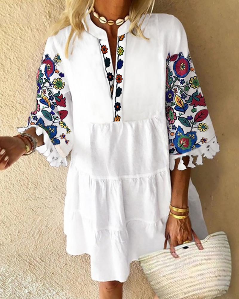 

Floral Print Tassel Design Casual Dress, White