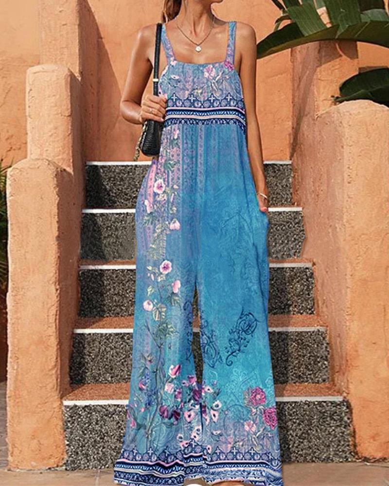 

Floral Tribal Print Sleeveless Wide Leg Jumpsuit, Sky blue