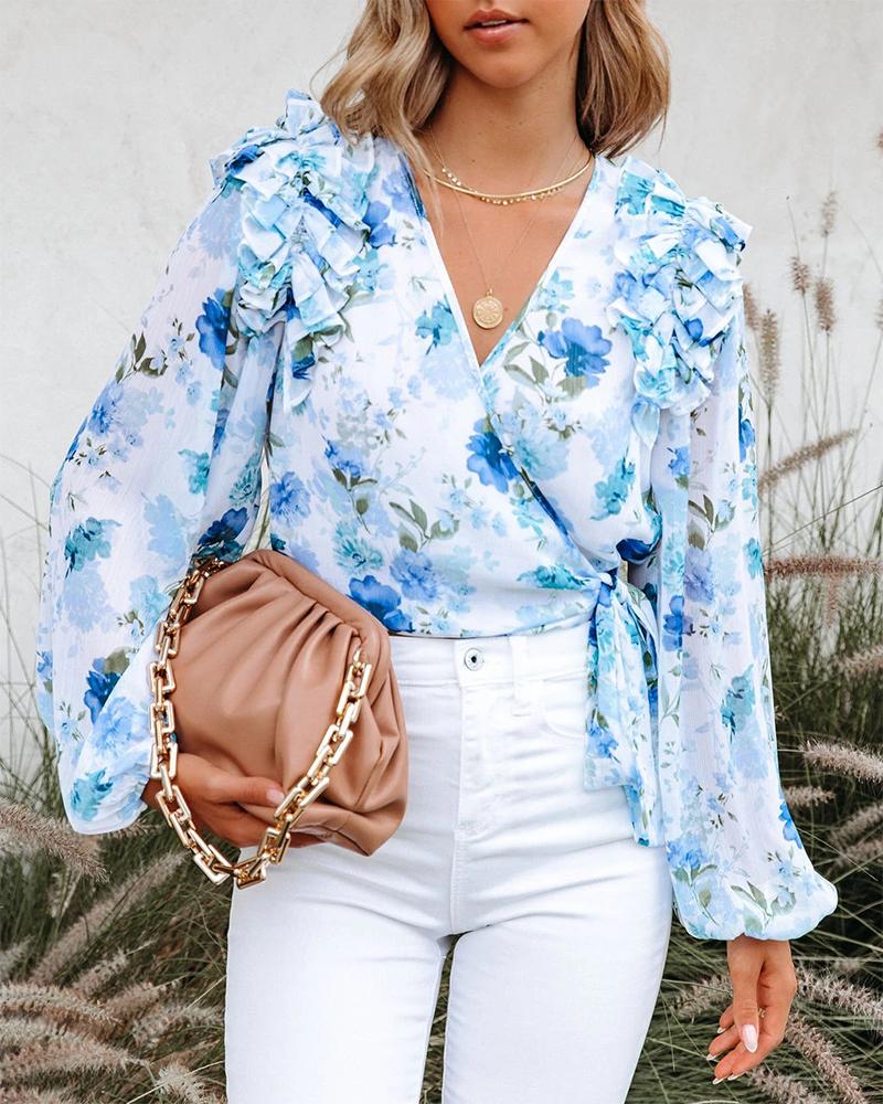 

Floral Print Tied Detail Ruffles Ruched Top, Blue