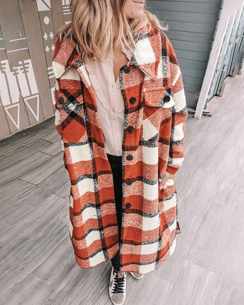 

Plaid Print Button Pocket Design Longline Shacket, Yellow