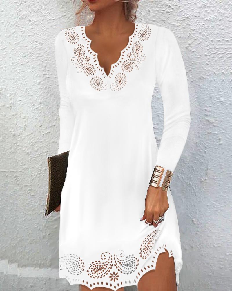 

Hollow Out Long Sleeve Casual Dress, White