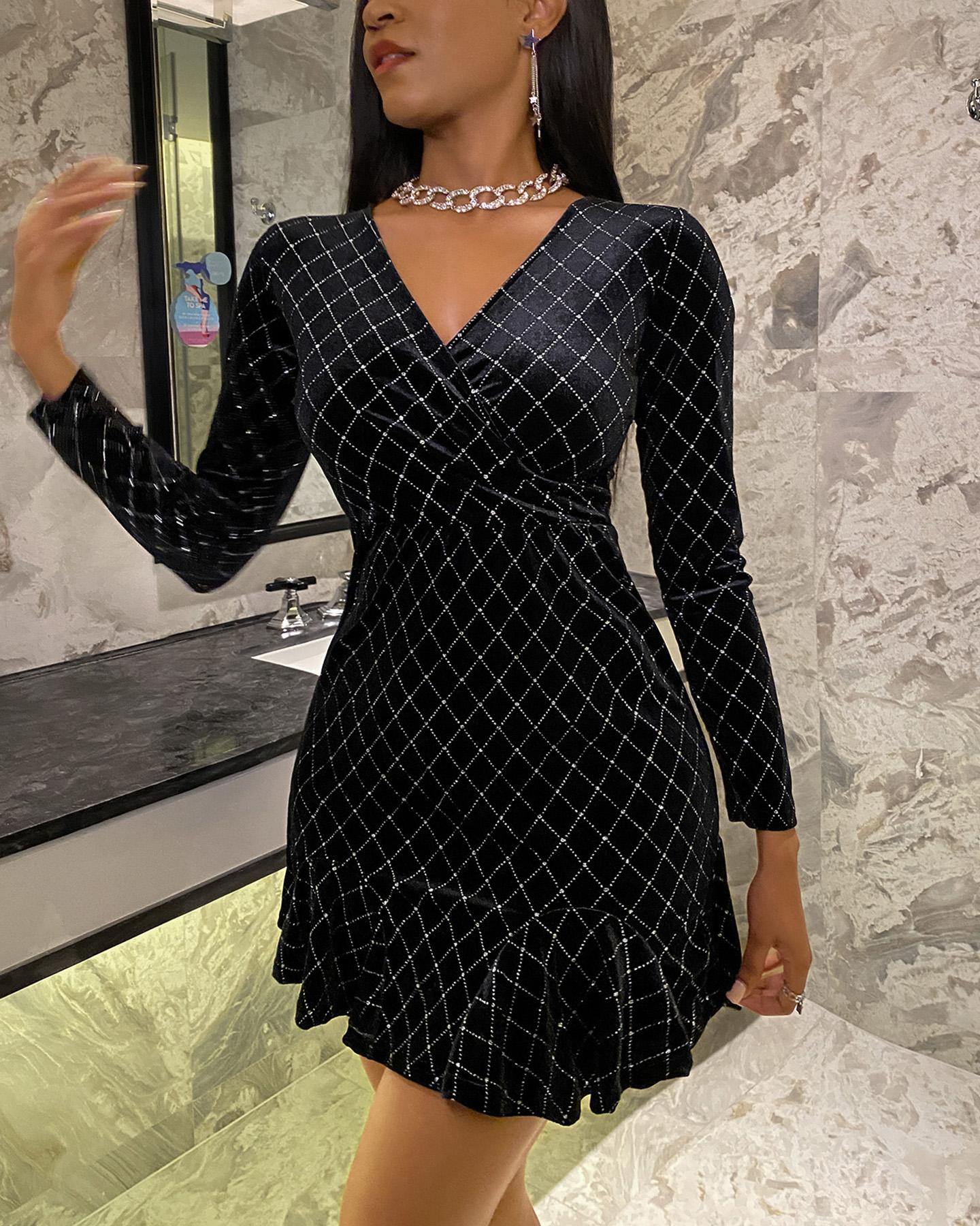 

Studded Ruffles Velvet Wrap Dress, Black