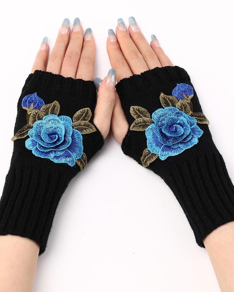 

1Pair Floral Embroidery Fingerless Winter Knit Warm Gloves, Style2