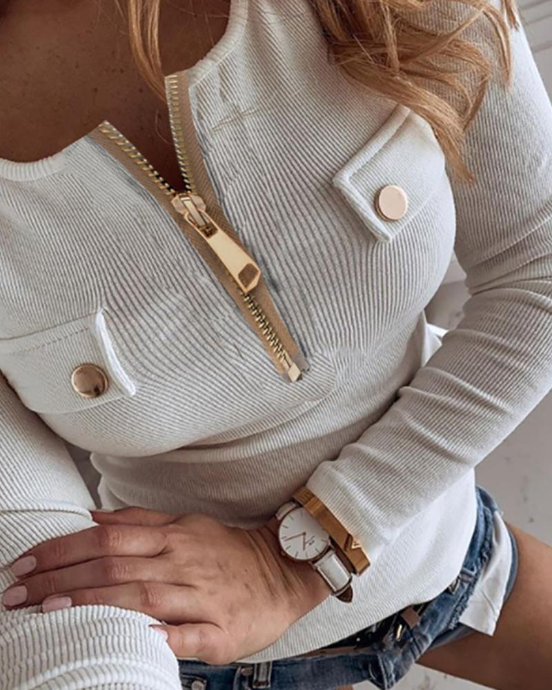 

Zip Front Long Sleeve Top, White