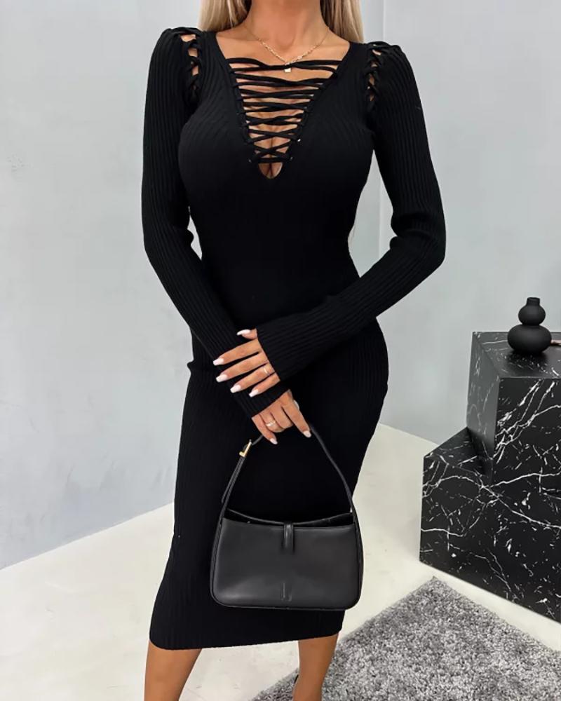 

Lace-up Long Sleeve Knit Midi Dress, Black
