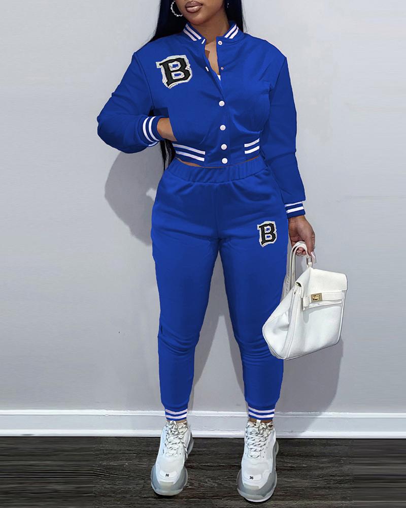 

Letter Pattern Striped Baseball Jacket & High Waist Pants Set, Blue