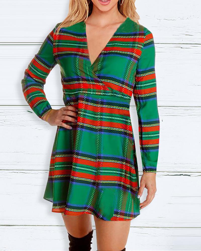 

Christmas Long Sleeve Mixed Print Dress, Green