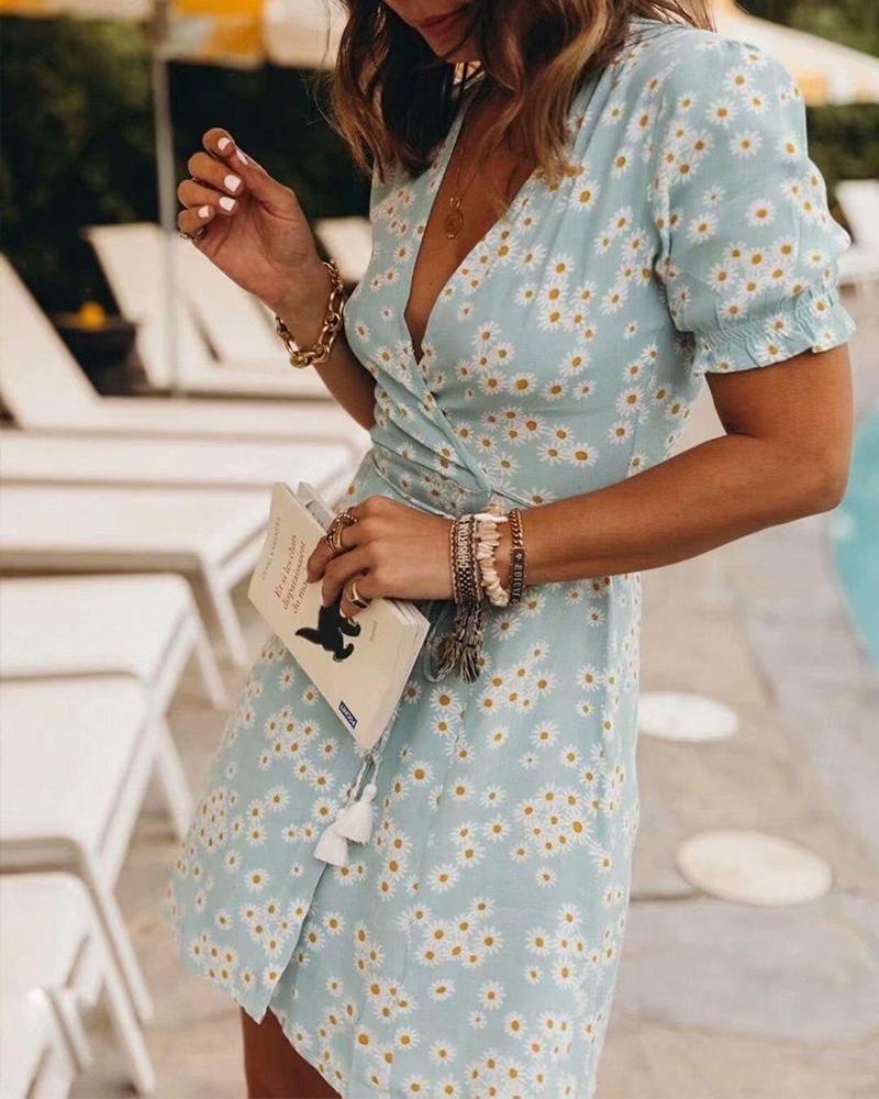 

Floral V-Neck Surplice Mini Dress, Sky blue