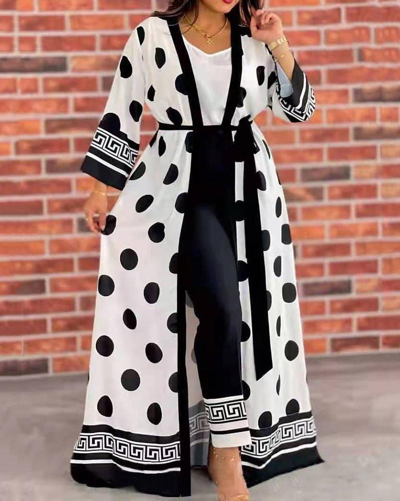 

Plus Size Tank Top & Pants Set With Polka Dot Print Cardigan, Black