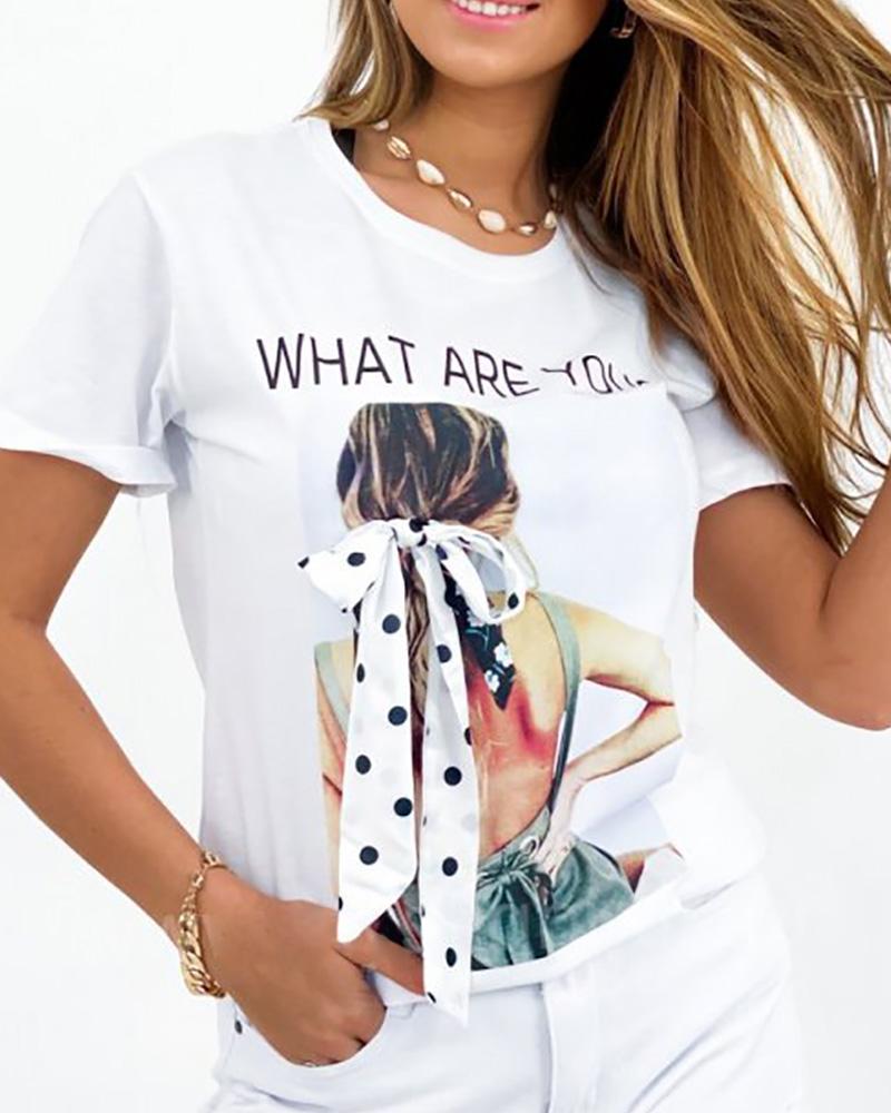 

Letter Figure Pattern Print Tied Detail T-shirt, White