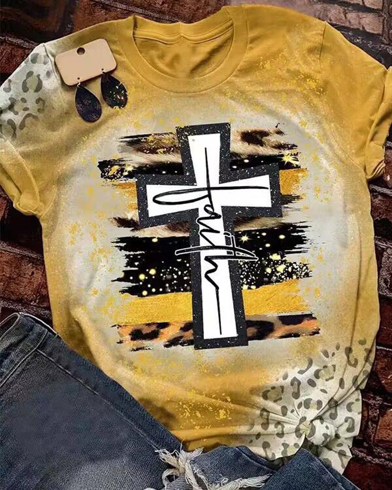 

Faith Cross Leopard Print Casual T-shirt, Yellow