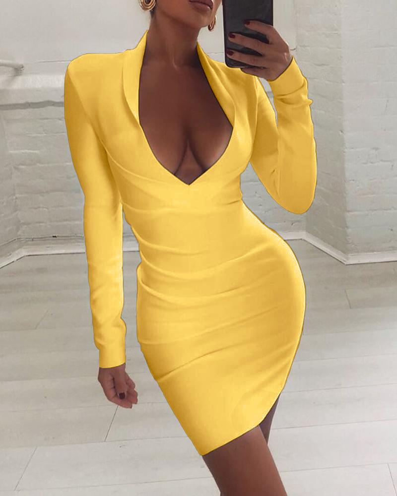 

Solid Long Sleeve Plunge Ruched Bodycon Dress, Yellow