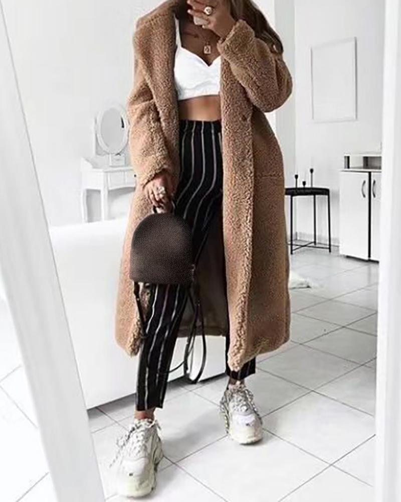 

Plain Button Design Long Sleeve Teddy Longline Coat, Brown
