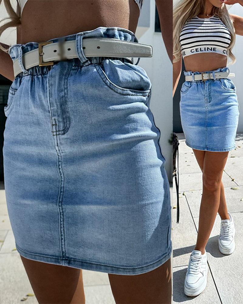 

Elastic Waist Pocket Denim Skirt, Blue