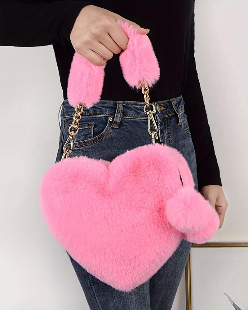 

Fluffy Heart Shaped Pom Pom Chain Strap Handbag, Hot pink