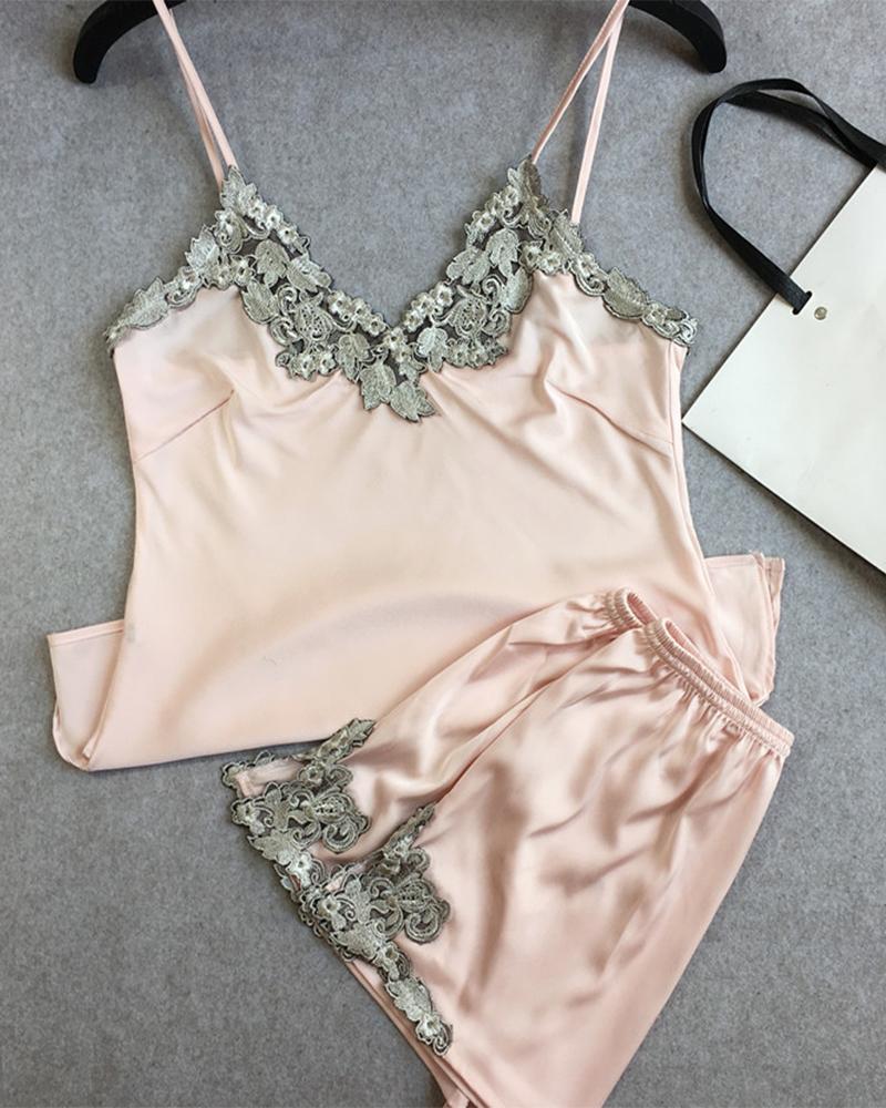 

Contrast Lace Cami Top & Shorts PJ Set, Pink