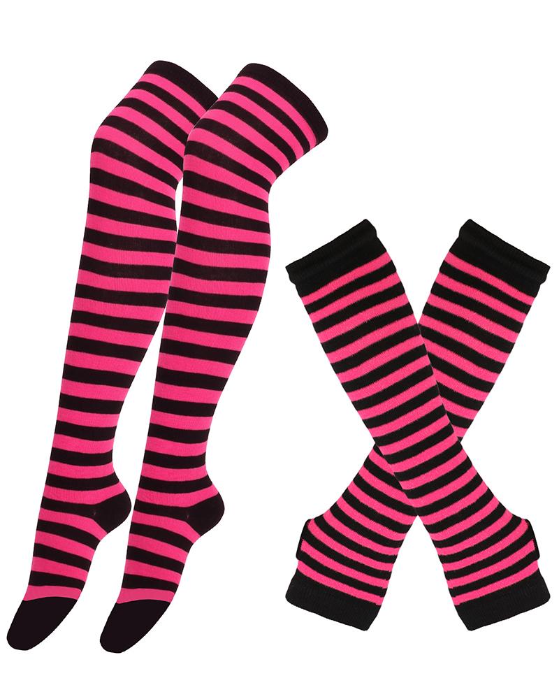 

Halloween Striped Cosplay Stockings With Gloves, Hot pink