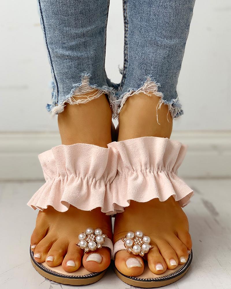 

Toe Ring Beaded Frill Hem Casual Sandals, Beige