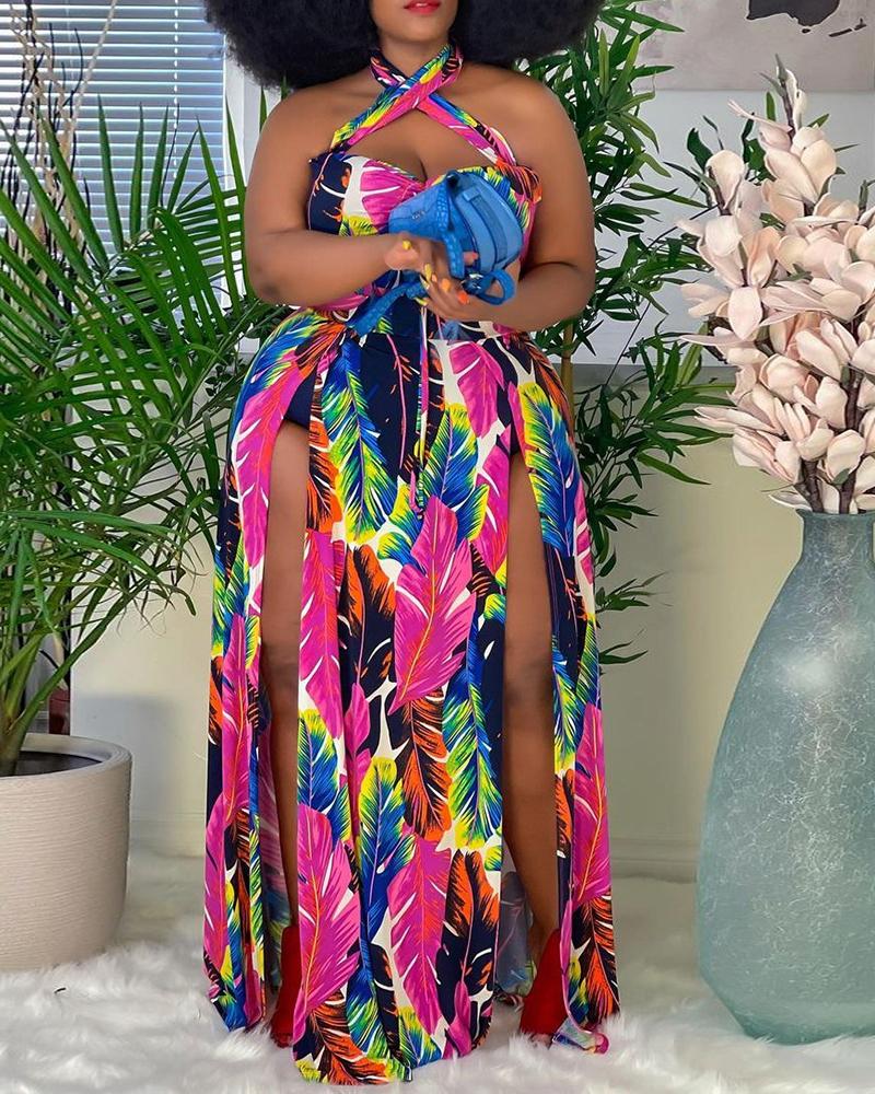 

Halter Feather Print High Slit Maxi Dress, Hot pink