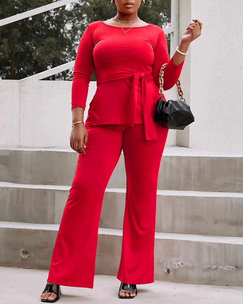 

Plus Size Long Sleeve Split Hem Top & Pants Set, Red