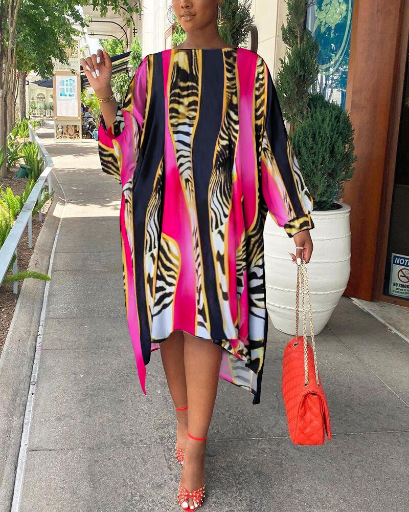 

Animal Print Long Sleeve Loose High Low Dress, Hot pink