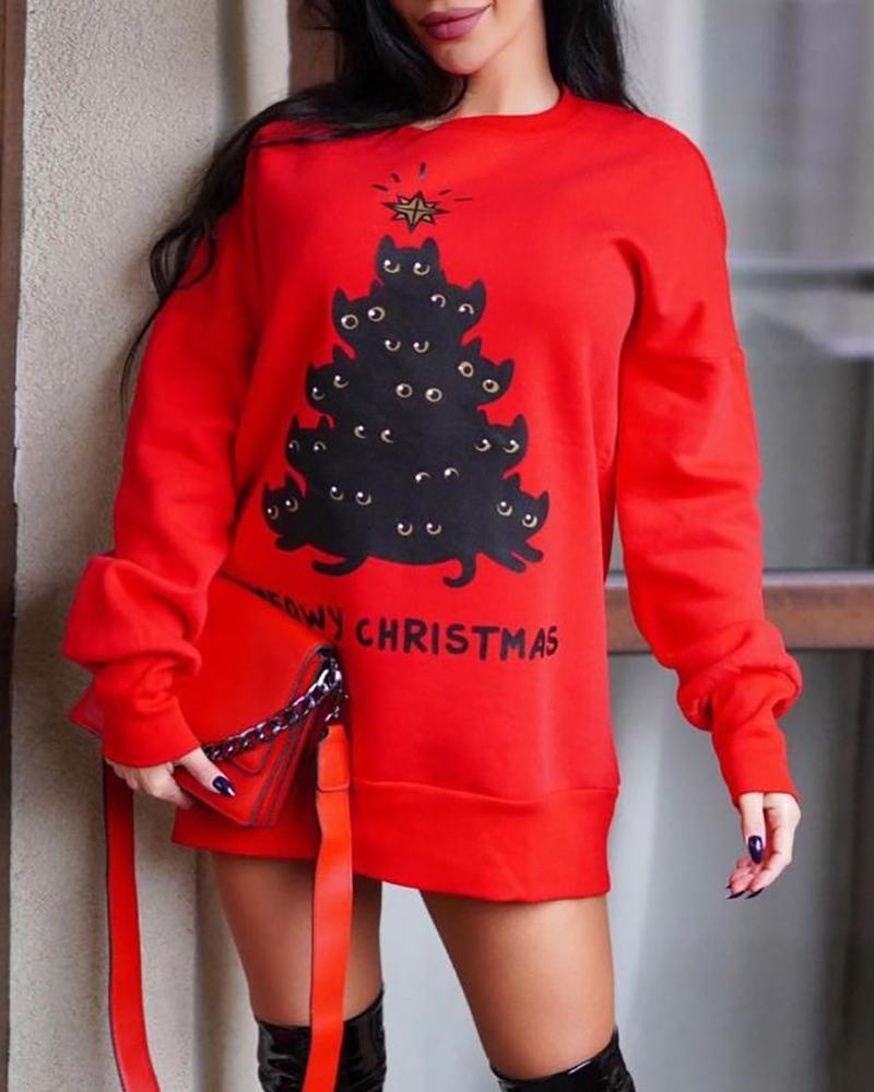 

Christmas Letter Cat Print Long Sleeve Top, Red