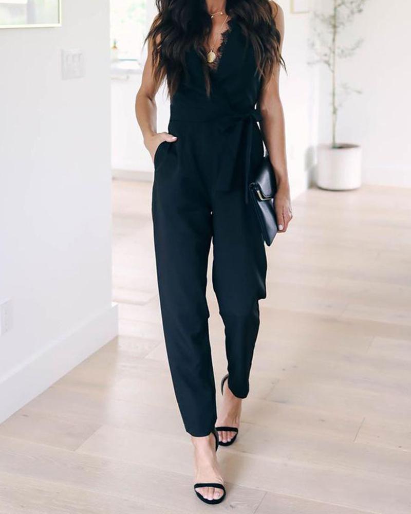 

Lace lace-up pocket jumpsuit, Black