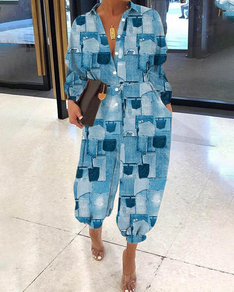 

Plus Size Denim Look Print Long Sleeve Jumpsuit, Blue