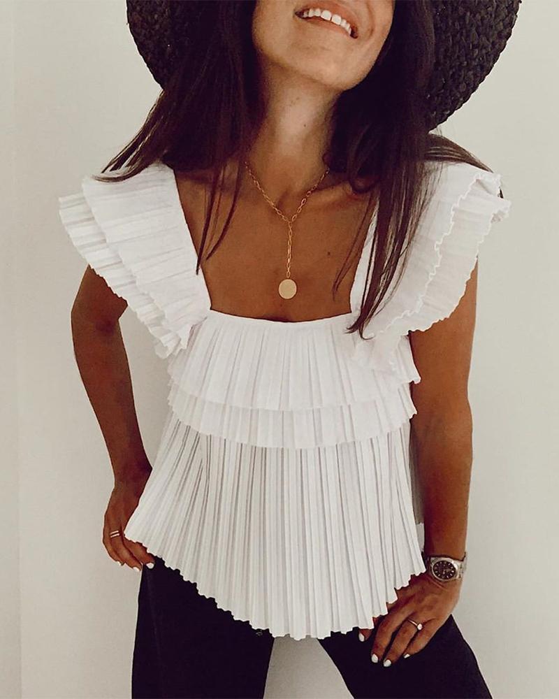 

Solid Square Neck Pleated Top, White