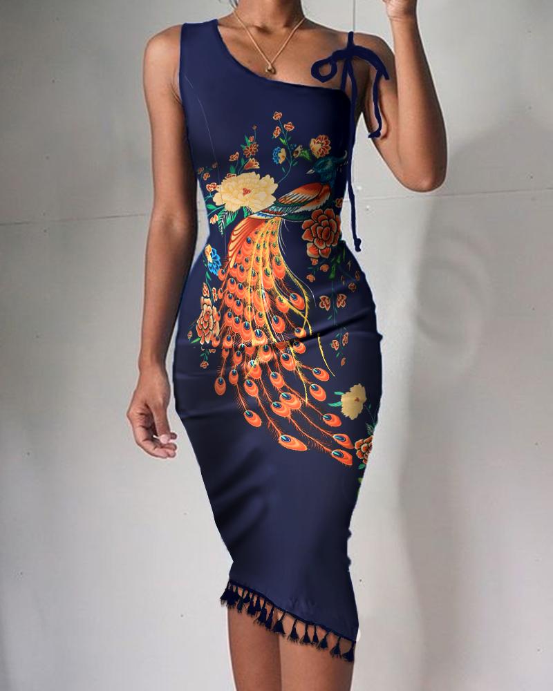 

Slash Cold Neck Floral Print Straight Dress, Purplish blue