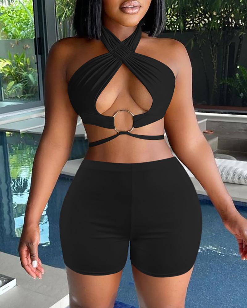 

Halter O-Ring Cutout Crop Top & Shorts Sets, Black