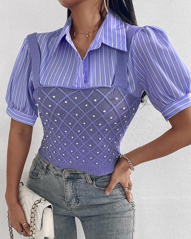 

Pearls Studded Knit Patchwork Fake Two-Piece Shirt, Purple