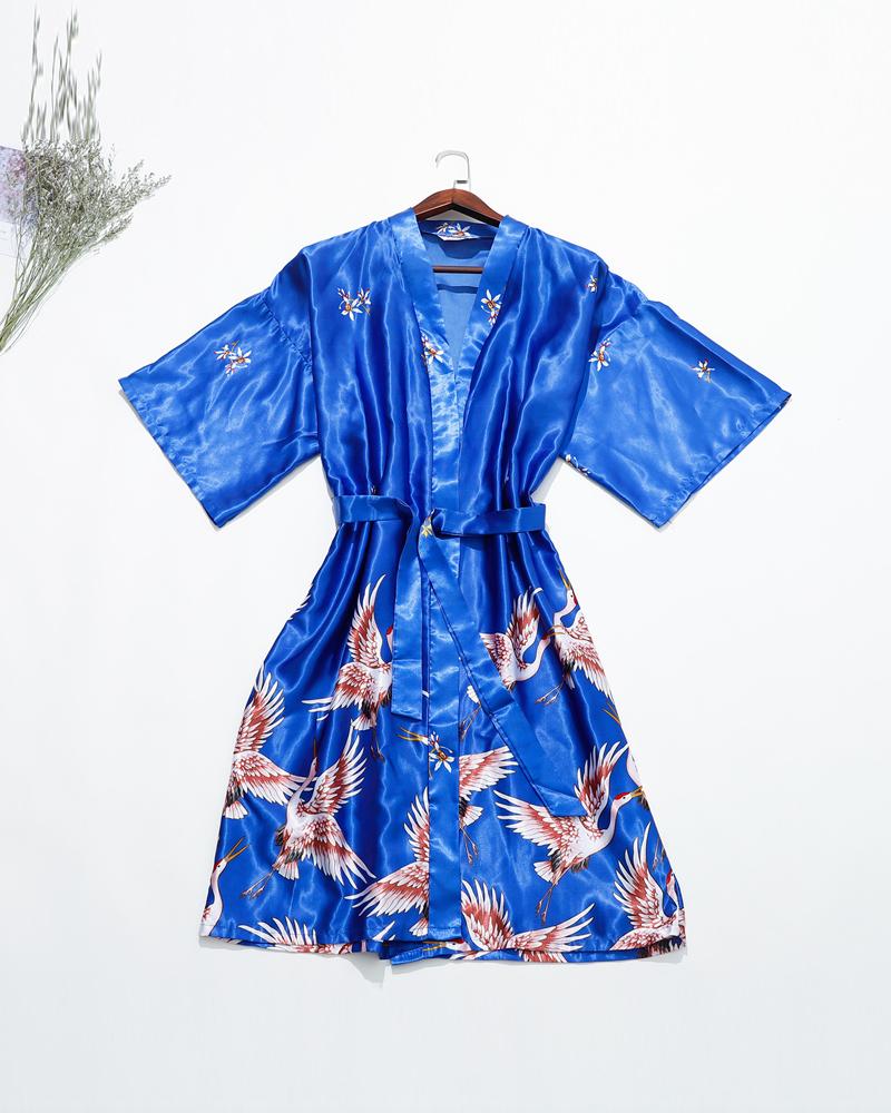 

Crane Print Belted Satin Robe, Blue