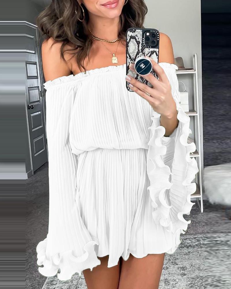 

Plain Off Shoulder Ruched Bell Sleeve Casual Dress, White