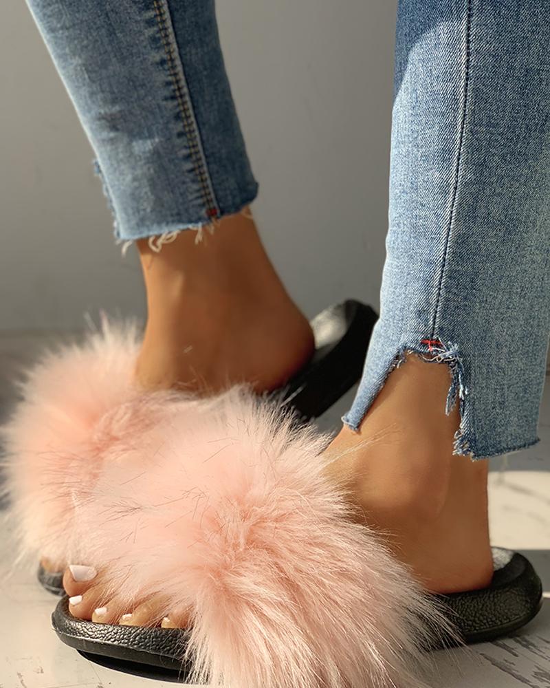 

Peep Toe Fluffy Flat Slipper Sandals, Pink