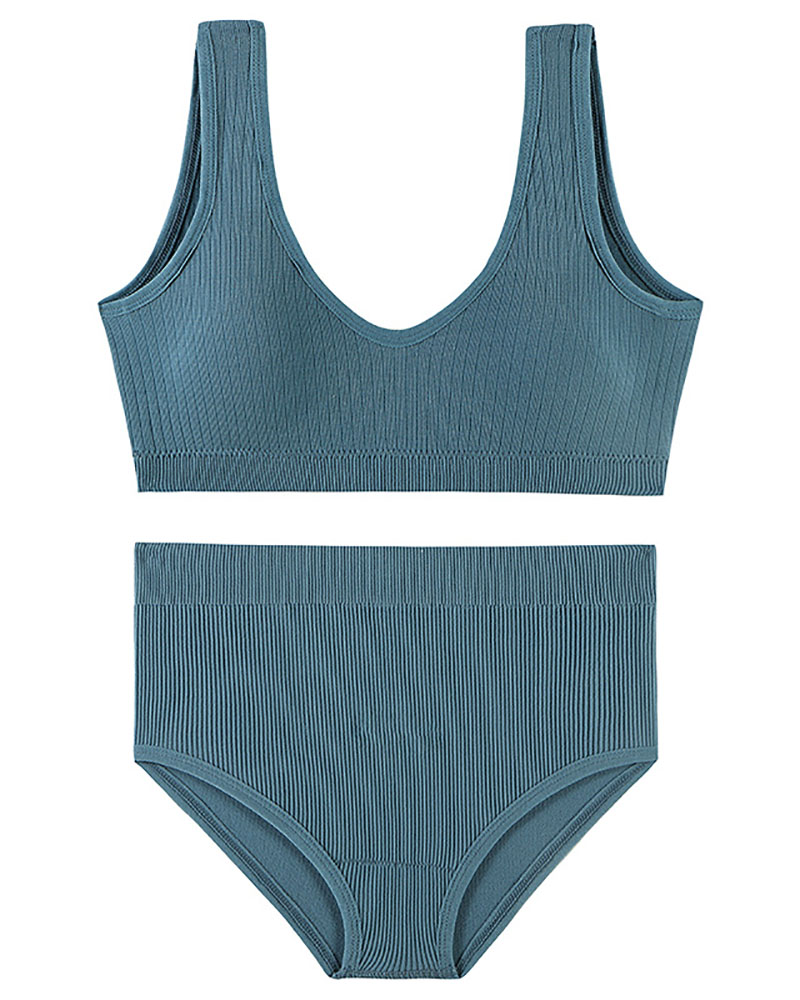

Sleeveless V Neck Seamless Bra Set, Blue