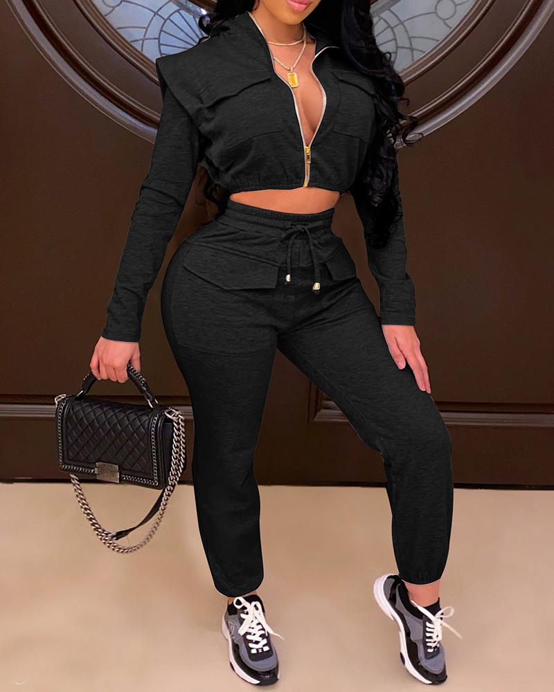 

Zipper Design Long Sleeve Hooded Crop Top & Drawstring Pants Set, Black