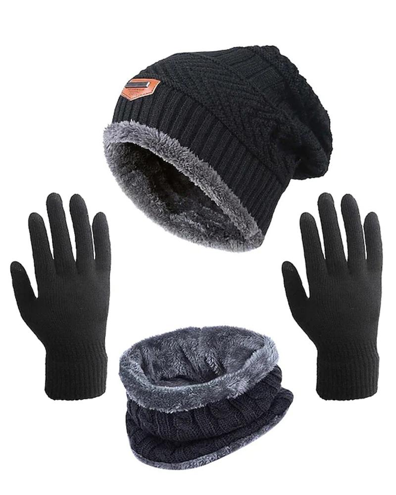 

3PCS Winter Warm Knit Fleece Lined Skull Cap Beanie Hat & Gloves & Neck Warmer Set, Black