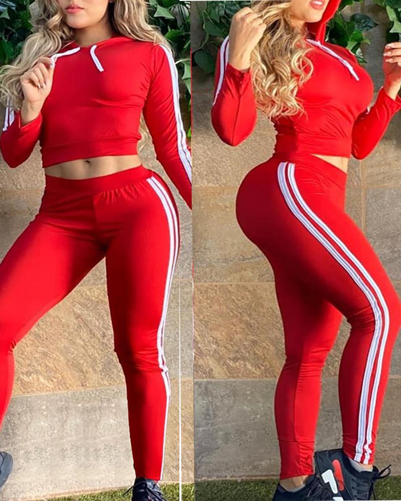 

Striped Tape Colorblock Hooded Top & Pants Set, Red