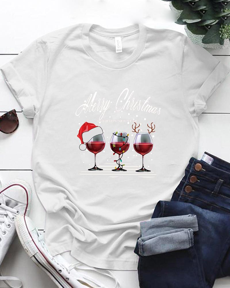 

Christmas Wine Glasses Letter Print Short Sleeve T-shirt, White