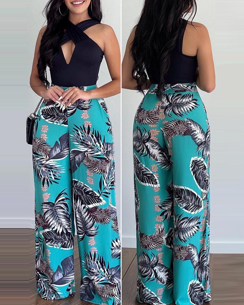 

Tropical Print High Waist Casual Pants, Blue