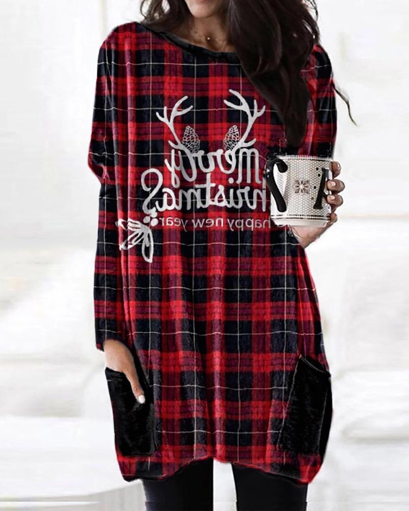 

Christmas Plaid Print Pocket Design Casual Dress, Red