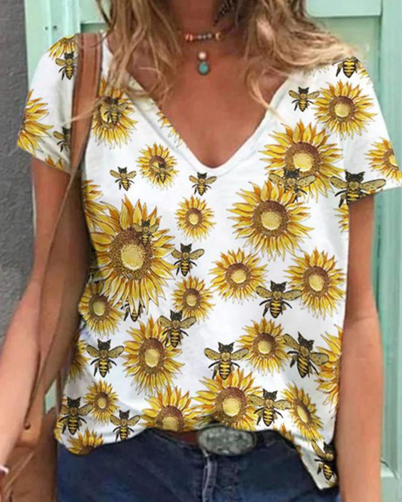 

Sunflower Print Short Sleeve Loose T-shirts, White