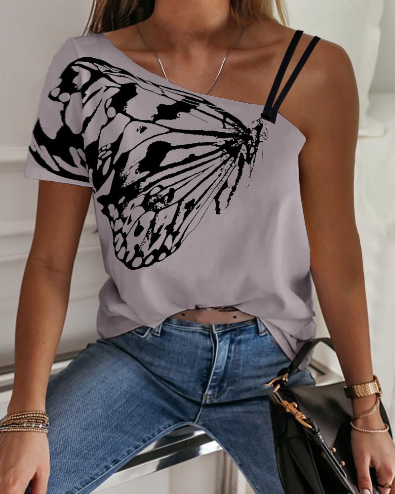 

One Shoulder Butterfly Print Casual T-shirt, Gray